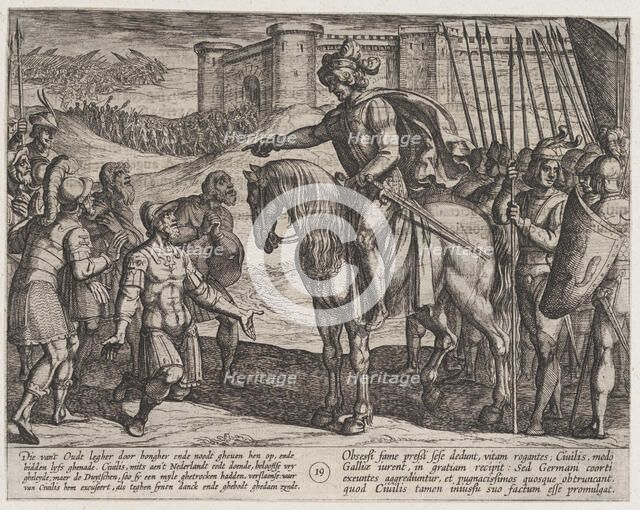 Plate 19: Men from the Fortress Surrender and Pledge Their Lives to Civilis, from The War ..., 1611. Creator: Antonio Tempesta.