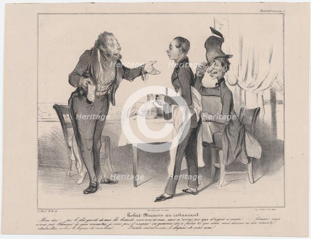 Plate 19: Robert Macaire at the restaurant, from 'Caricaturana,' published in Les Robert M..., 1838. Creator: Honore Daumier.