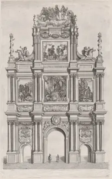 Plate 19: Triumphal arch, elevation of the front, surmounted by a cloud bearing Ferdinand ..., 1636. Creators: Johannes Meursius, Willem van der Beke