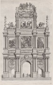 Plate 19: Triumphal arch, elevation of the front, surmounted by a cloud bearing Ferdinand ..., 1636. Creators: Johannes Meursius, Willem van der Beke