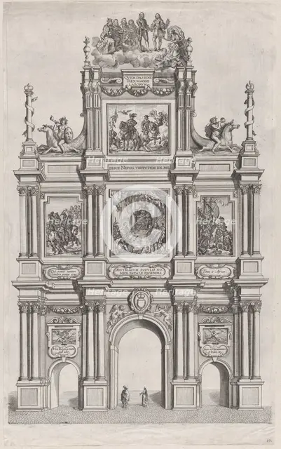 Plate 19: Triumphal arch, elevation of the front, surmounted by a cloud bearing Ferdinand ..., 1636. Creators: Johannes Meursius, Willem van der Beke.