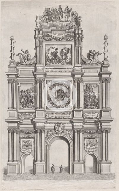 Plate 19: Triumphal arch, elevation of the front, surmounted by a cloud bearing Ferdinand ..., 1636. Creators: Johannes Meursius, Willem van der Beke.