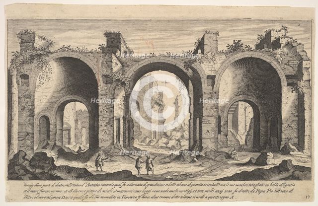 Plate 19: view of the Baths of Caracalla, indicating with inscribed letter 'A' the places ..., 1606. Creator: Aegidius Sadeler II.