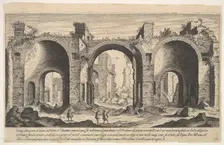 Plate 19: view of the Baths of Caracalla, indicating with inscribed letter A the places ..., 1606. Creator: Aegidius Sadeler II