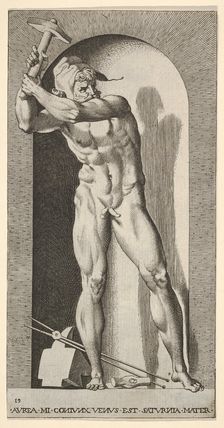 Plate 19: Vulcan standing in a niche swinging a hammer, with an anvil, hammer, and tongs a..., 1526. Creator: Giovanni Jacopo Caraglio