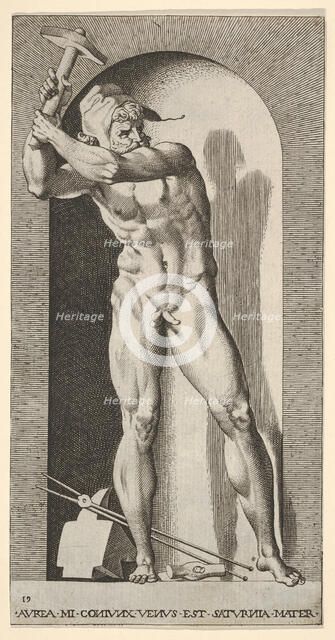 Plate 19: Vulcan standing in a niche swinging a hammer, with an anvil, hammer, and tongs a..., 1526. Creator: Giovanni Jacopo Caraglio.