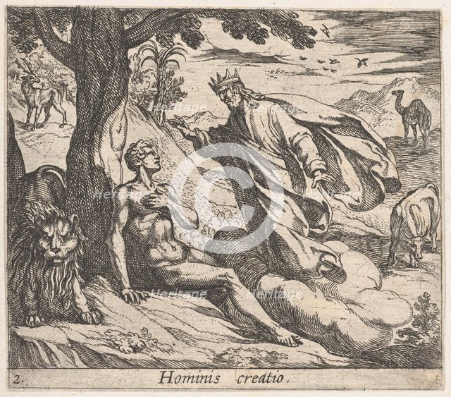 Plate 2: The Creation of Man (Hominis creatio), from Ovid's 'Metamorphoses', 1606. Creator: Antonio Tempesta.