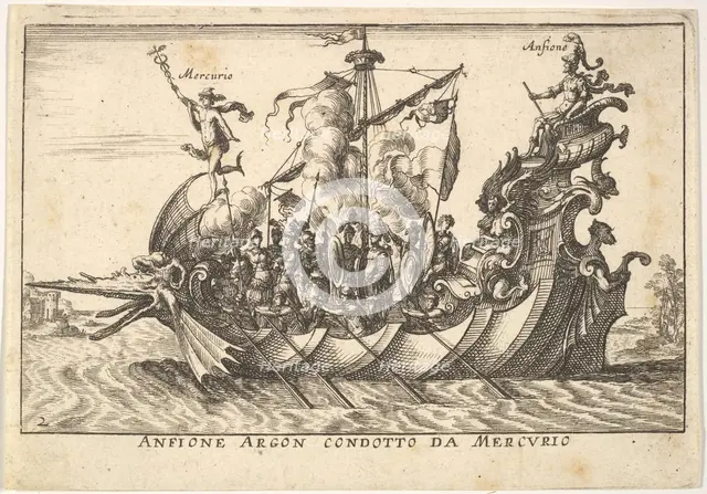 Plate 2: The Argonaut Amphion led by Mercury (Anfione Argon. condotto da Mercurio), with a..., 1664. Creator: Unknown.