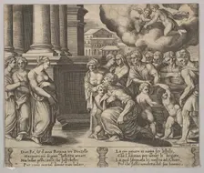 Plate 2: the people rendering divine honors to Psyche, from The Fable of Psyche 1530-60. Creator: Master of the Die