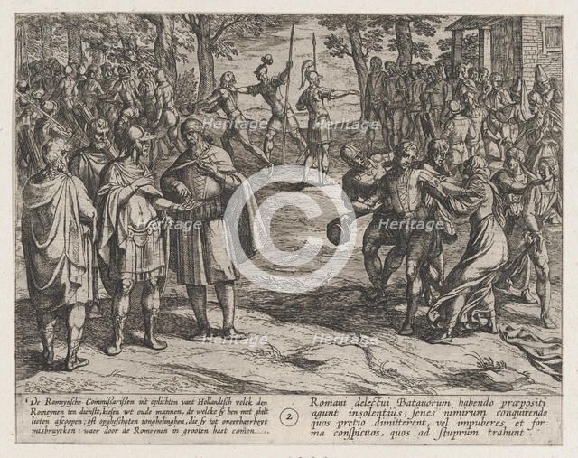 Plate 2: The Romans Taking Old Dutch Men as Hostages and Seducing Young Ones, from The War..., 1611. Creator: Antonio Tempesta.