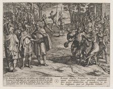 Plate 2: The Romans Taking Old Dutch Men as Hostages and Seducing Young Ones, from The War..., 1611. Creator: Antonio Tempesta