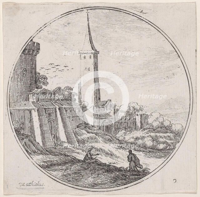 Plate 2: two figures outside of the walls of a town, a tower at center, 1680-1747. Creator: Lodovico Mattioli.