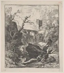 Plate 2: two figures sitting on a tree trunk on the bank of a stream in foreground,..., ca. 1700-25. Creator: Franz Joachim Beich