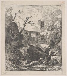 Plate 2: two figures sitting on a tree trunk on the bank of a stream in foreground,..., ca. 1700-25. Creator: Franz Joachim Beich