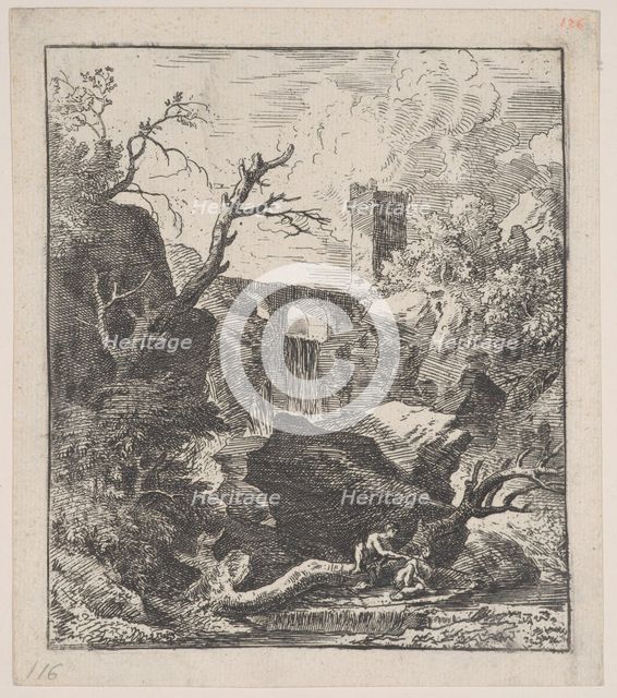 Plate 2: two figures sitting on a tree trunk on the bank of a stream in foreground,..., ca. 1700-25. Creator: Franz Joachim Beich.