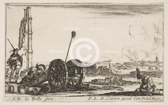 Plate 2: A cannon to the left, a town in the background, from 'Various Military Capric..., ca. 1641. Creator: Stefano della Bella.
