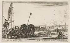 Plate 2: A cannon to the left, a town in the background, from Various Military Capric..., ca. 1641. Creator: Stefano della Bella
