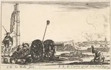 Plate 2: A cannon to the left, a town in the background, from Various Military Capric..., ca. 1641. Creator: Stefano della Bella