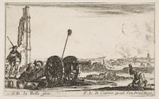 Plate 2: A cannon to the left, a town in the background, from Various Military Capric..., ca. 1641. Creator: Stefano della Bella