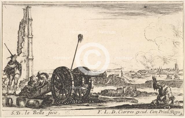 Plate 2: A cannon to the left, a town in the background, from 'Various Military Capric..., ca. 1641. Creator: Stefano della Bella.