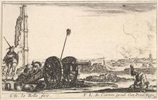 Plate 2: A cannon to the left, a town in the background, from Various Military Capric..., ca. 1641. Creator: Stefano della Bella