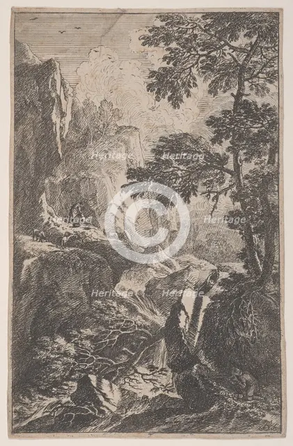 Plate 2: a hunter aiming with his gun, kneeling next to a large rock at right, a ma..., ca. 1700-25. Creator: Franz Joachim Beich.