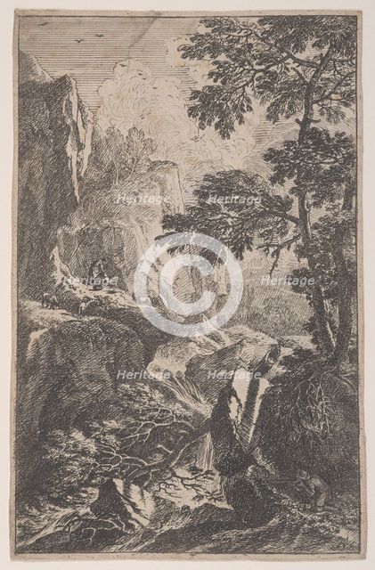 Plate 2: a hunter aiming with his gun, kneeling next to a large rock at right, a ma..., ca. 1700-25. Creator: Franz Joachim Beich.
