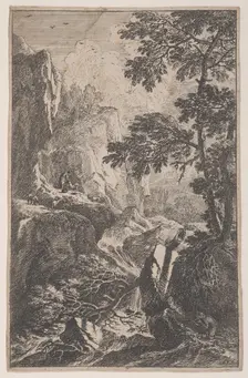 Plate 2: a hunter aiming with his gun, kneeling next to a large rock at right, a ma..., ca. 1700-25. Creator: Franz Joachim Beich