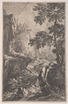 Plate 2: a hunter aiming with his gun, kneeling next to a large rock at right, a ma..., ca. 1700-25. Creator: Franz Joachim Beich