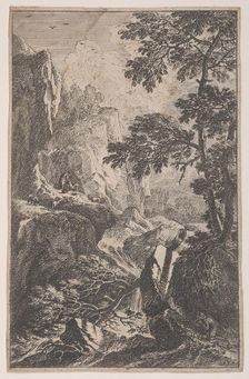 Plate 2: a hunter aiming with his gun, kneeling next to a large rock at right, a ma..., ca. 1700-25. Creator: Franz Joachim Beich