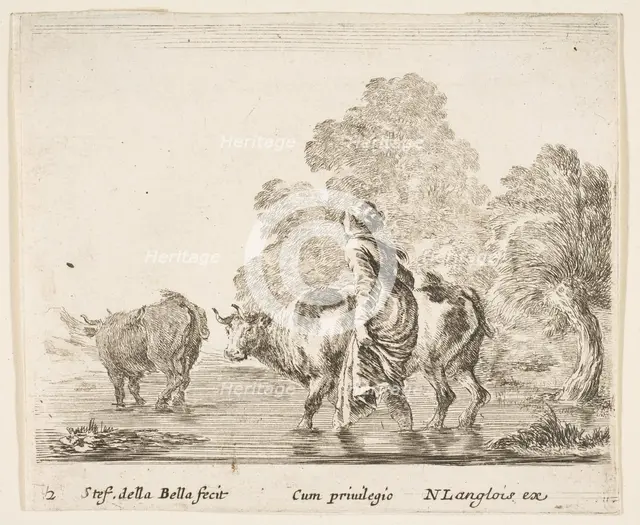 Plate 2: a peasant woman herds two cows across a stream, walking towards the left..., ca. 1644-47. Creator: Stefano della Bella.