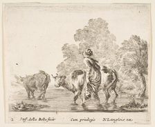 Plate 2: a peasant woman herds two cows across a stream, walking towards the left..., ca. 1644-47. Creator: Stefano della Bella