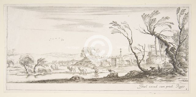 Plate 2: a peasant woman removing her shoes in center, another peasant woman and two c..., ca. 1641. Creator: Stefano della Bella.