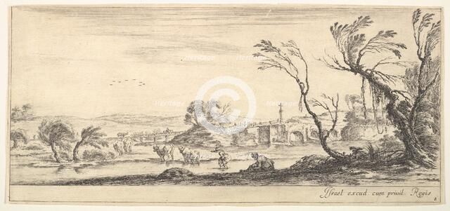 Plate 2: a peasant woman removing her shoes in center, another peasant woman and two c..., ca. 1641. Creator: Stefano della Bella.