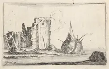 Plate 2: a ship at right and a rowboat at left, washed up on shore, a tower in ruins b..., ca. 1642. Creator: Stefano della Bella