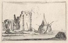 Plate 2: a ship at right and a rowboat at left, washed up on shore, a tower in ruins b..., ca. 1642. Creator: Stefano della Bella