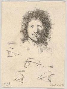 Plate 2: at top, the head of a young man, frontal view, at bottom, four eyes, from Th..., ca. 1649. Creator: Stefano della Bella