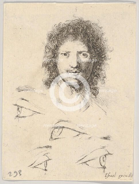 Plate 2: at top, the head of a young man, frontal view, at bottom, four eyes, from 'Th..., ca. 1649. Creator: Stefano della Bella.