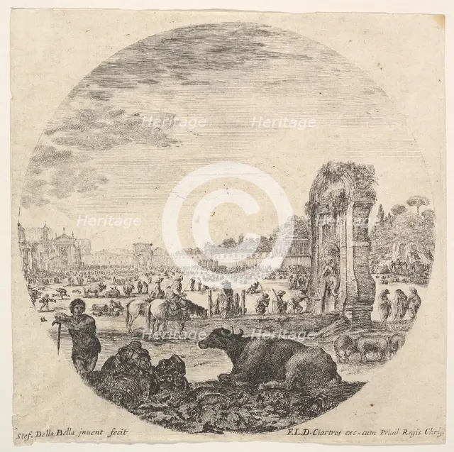Plate 2: Campo Vaccino, a buffalo and two shepherds in center, the Fontanone to rig..., ca. 1643-48. Creator: Stefano della Bella.