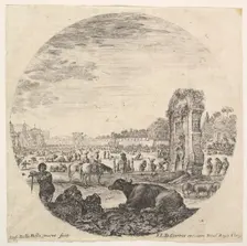 Plate 2: Campo Vaccino, a buffalo and two shepherds in center, the Fontanone to rig..., ca. 1643-48. Creator: Stefano della Bella