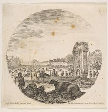 Plate 2: Campo Vaccino, a buffalo and two shepherds in center, the Fontanone to right ..., ca. 1646. Creator: Stefano della Bella