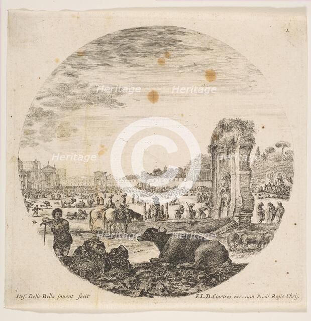 Plate 2: Campo Vaccino, a buffalo and two shepherds in center, the Fontanone to right ..., ca. 1646. Creator: Stefano della Bella.
