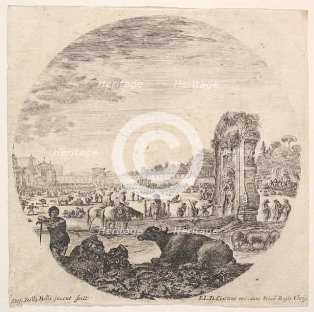 Plate 2: Campo Vaccino, a buffalo and two shepherds in center, the Fontanone to rig..., ca. 1643-48. Creator: Stefano della Bella.