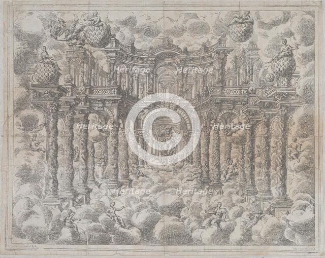 Plate 2 [counterproof]: Stage set with allegorical figures seated among the clouds, with a..., 1690. Creator: Giovanni Antonio Lorenzini.