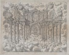 Plate 2 [counterproof]: Stage set with allegorical figures seated among the clouds, with a..., 1690. Creator: Giovanni Antonio Lorenzini