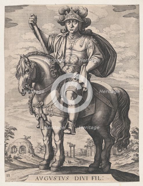 Plate 2: Emperor Augustus on Horseback, from 'The First Twelve Roman Caesars', after Te..., 1610-50. Creator: Matthaus Merian.