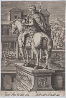 Plate 2: equestrian statue of Augustus, holding a globe and seen from behind, with ..., ca. 1587-89. Creator: Adriaen Collaert