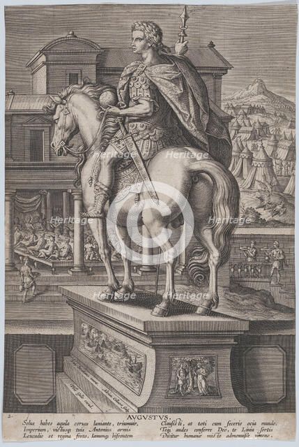Plate 2: equestrian statue of Augustus, holding a globe and seen from behind, with ..., ca. 1587-89. Creator: Adriaen Collaert.