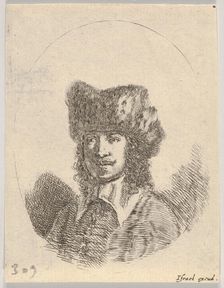 Plate 2: head of a man with a moustache and fur cap facing left, an oval composition, from..., 1650. Creator: Stefano della Bella