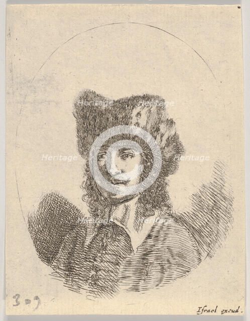 Plate 2: head of a man with a moustache and fur cap facing left, an oval composition, from..., 1650. Creator: Stefano della Bella.